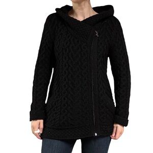Aran Crafts | Black 100% Merino Wool Zip Front Hooded Sweater Made In Ireland